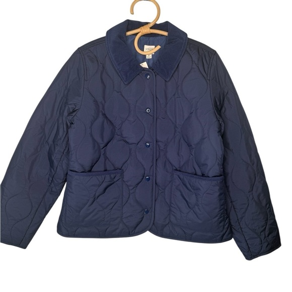 J. Crew** Navy Quilted Barn Jacket Corduroy Collar Pockets Snaps Size Medium NEW - Picture 14 of 16